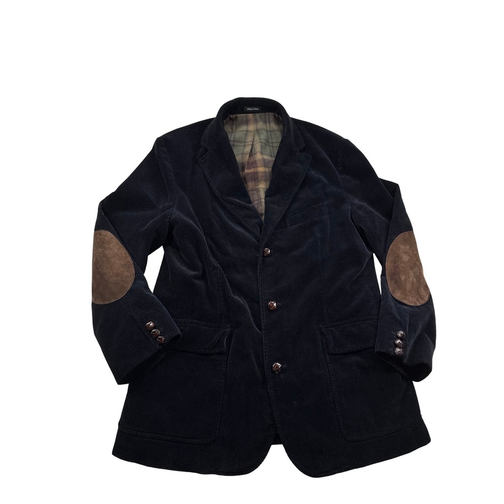 J.Crew Mens Navy Blue Black Corduroy Blazer Elbow Patches Plaid Flannel Lining M